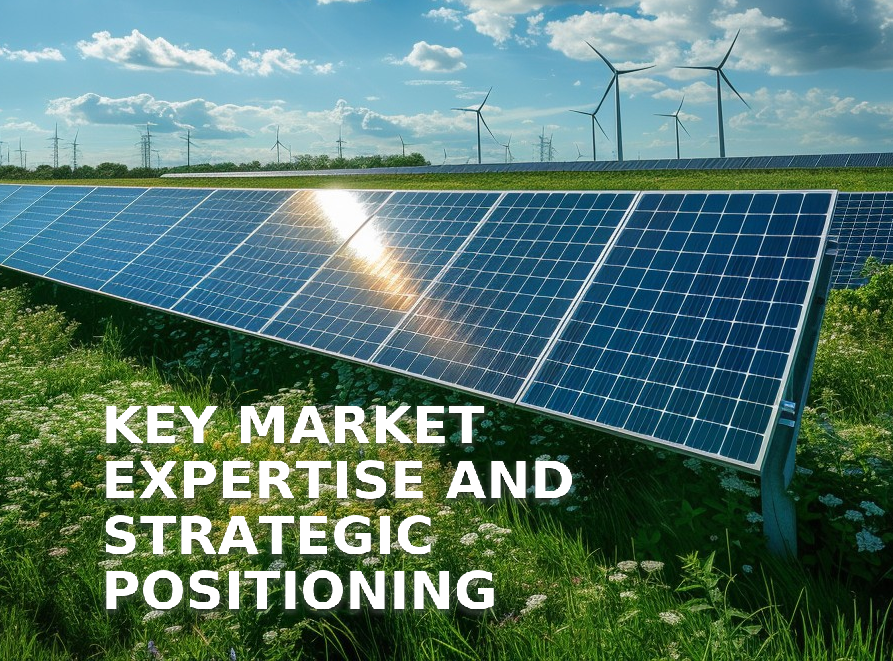 Solar panels and wind turbines with “Key market expertise and strategic positioning” text overlay