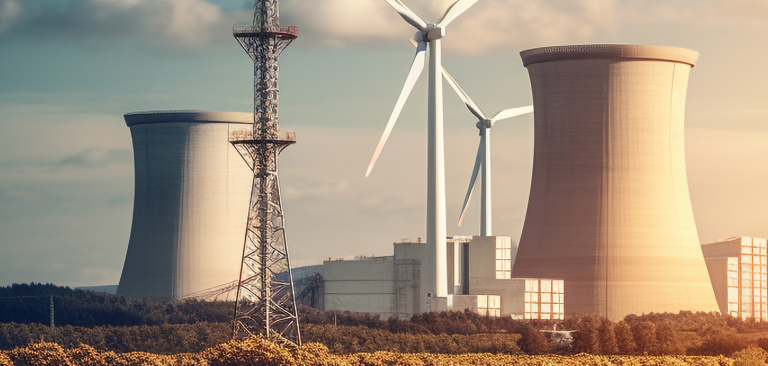 Wind turbines near power station infrastructure and transmission pylons