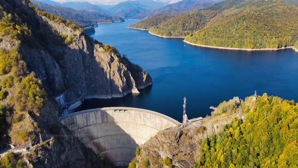 Hydroelectric dam and reservoir in a mountain gorge