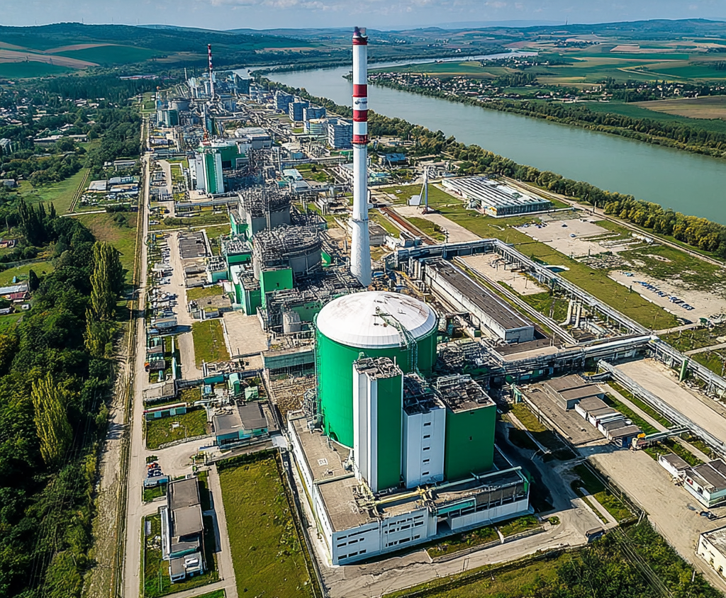 Aerial view of a power plant/industrial complex near a river