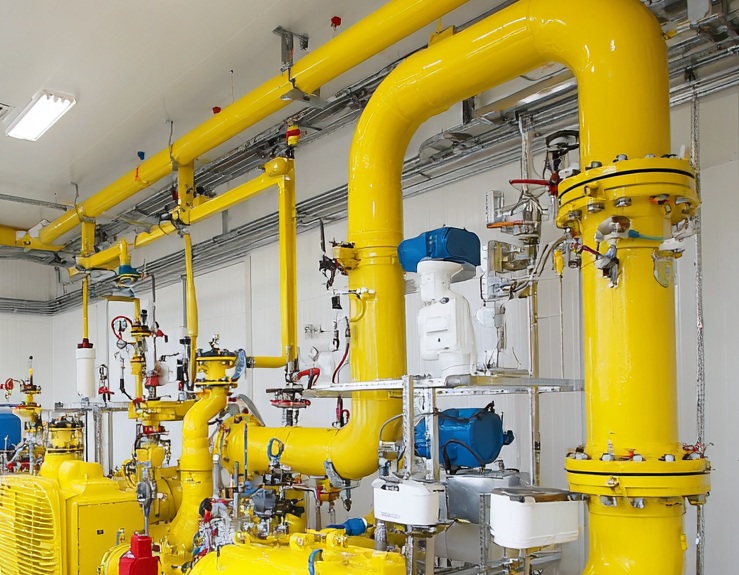 Yellow natural gas pipelines, valves, and gauges in an industrial plant